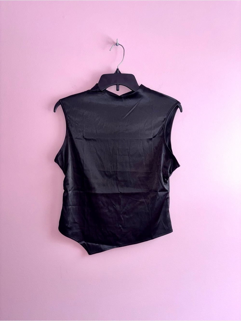 Sleek Black Satin Sleeveless Mock-Neck Top